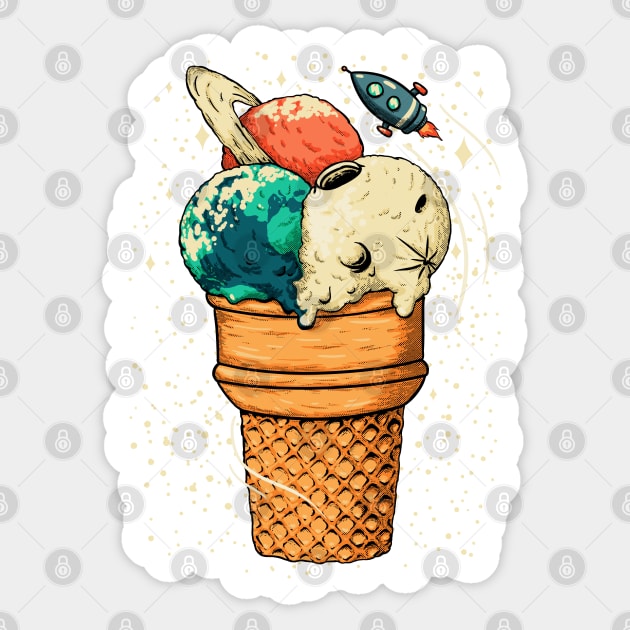 Space Ice Cream - Triple Scoop Cone Planet, Vanilla Moon, Pappermint Mint Chocolate Chip Earth, Melon, Cantaloupe, Muskmelon Saturn Sticker by anycolordesigns